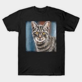 Contemporary Painting of a Gray Cat with Black Stripes and Yellow Eyes T-Shirt